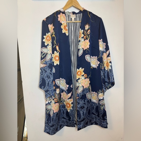 Chico’s Drama Printed Kimono Blue Long Line - Picture 2 of 9